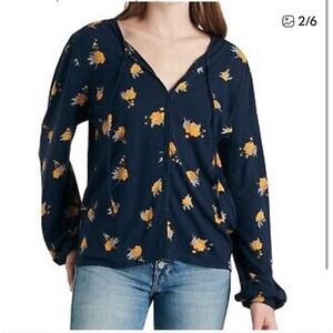Lucky Brand Womens Floral Print Split Neck Top Navy yellow Sz L‎
